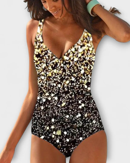 Gold and black speckled wrap-front one-piece with v-neck halter straps