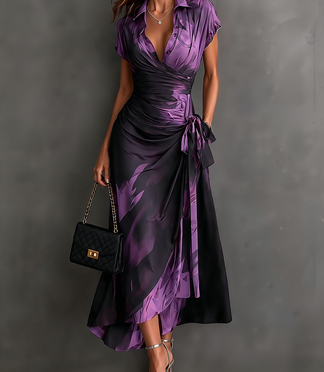 Women's Wrap Maxi Dress with Collared V-Neck and Tie Waist