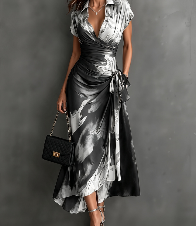 Women's Wrap Maxi Dress with Collared V-Neck and Tie Waist