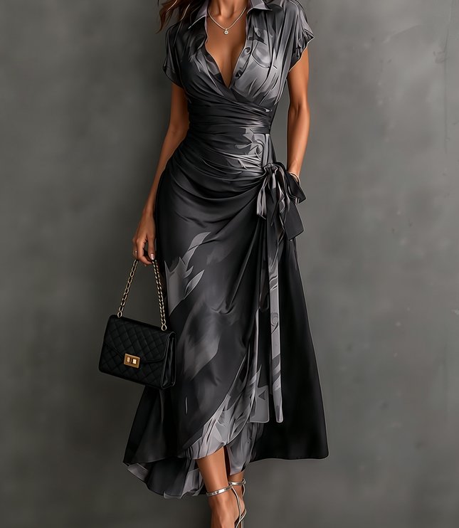 Women's Wrap Maxi Dress with Collared V-Neck and Tie Waist