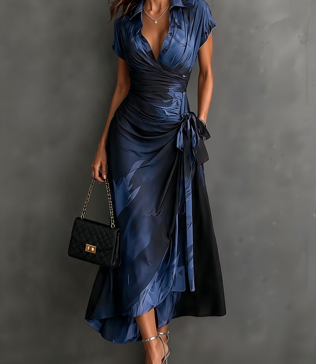 Women's Wrap Maxi Dress with Collared V-Neck and Tie Waist