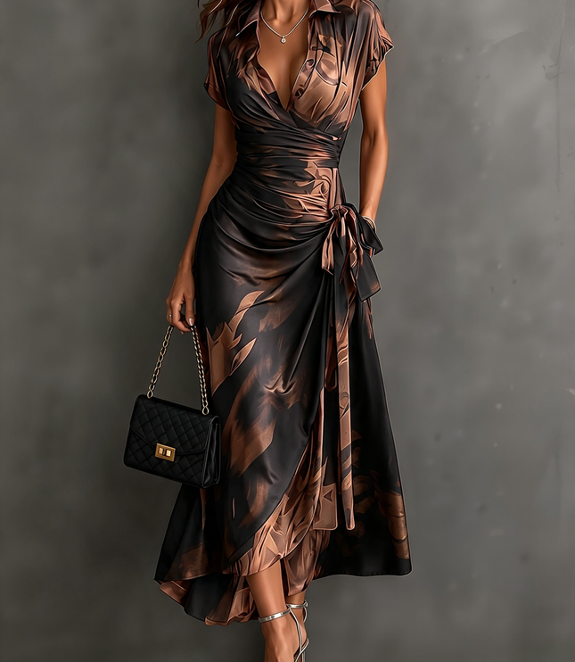 Women's Wrap Maxi Dress with Collared V-Neck and Tie Waist