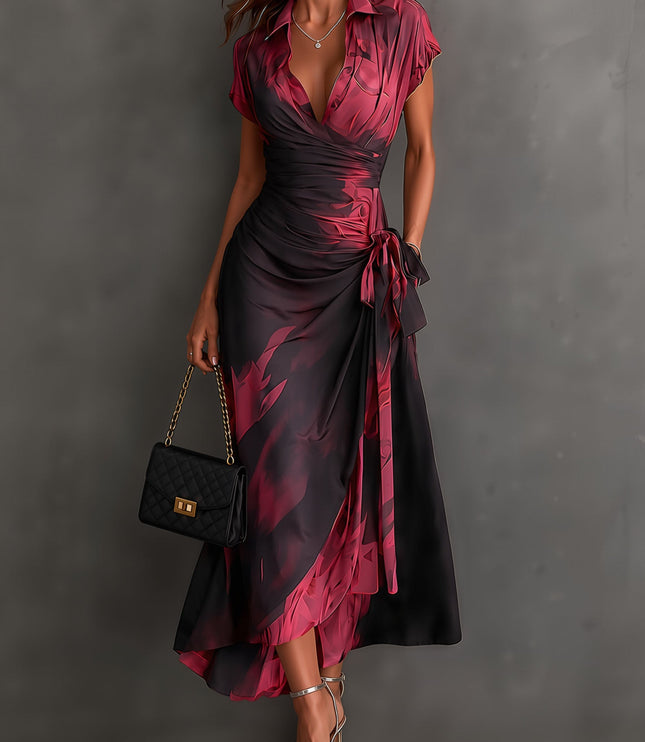 Women's Wrap Maxi Dress with Collared V-Neck and Tie Waist