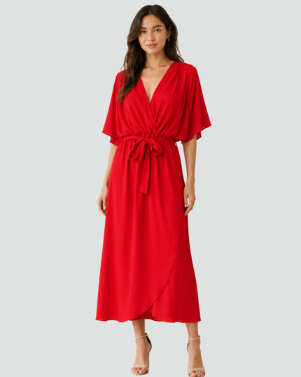 Women's Wrap Midi Dress with Flutter Sleeves