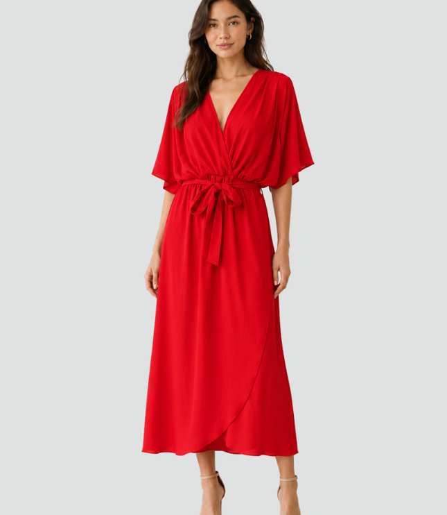 Women's Wrap Midi Dress with Flutter Sleeves