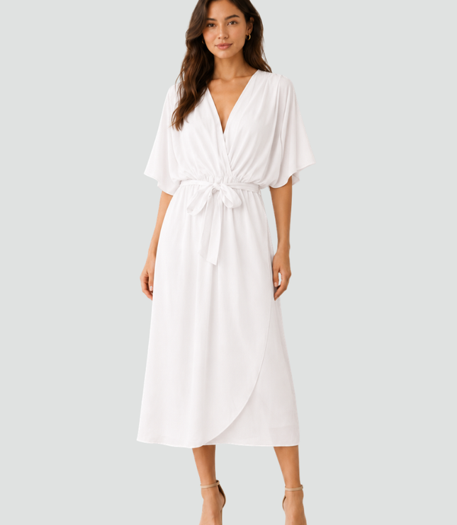 Women's Wrap Midi Dress with Flutter Sleeves