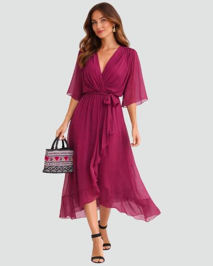 Women's Wrap Midi Dress with Flutter Sleeves