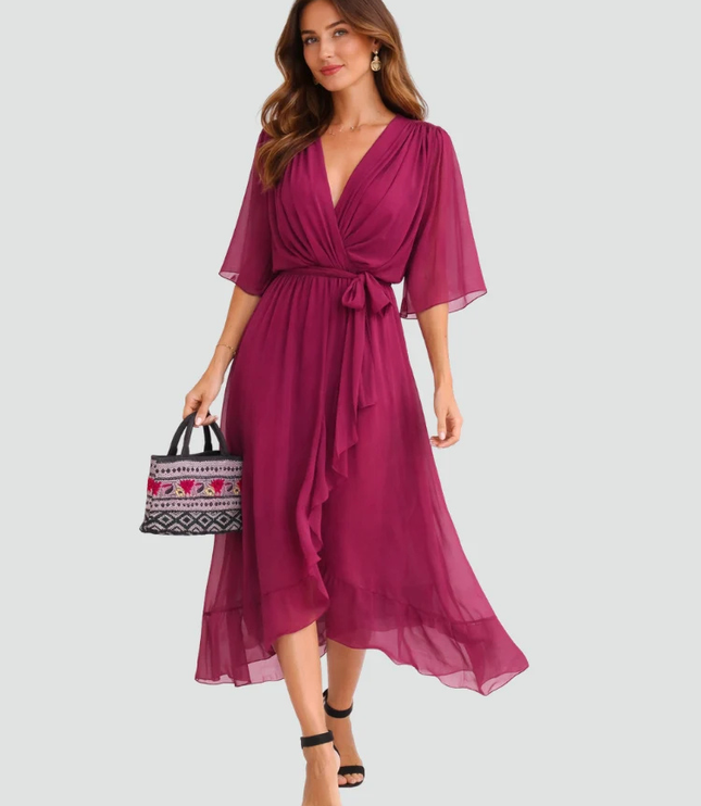 Women's Wrap Midi Dress with Flutter Sleeves