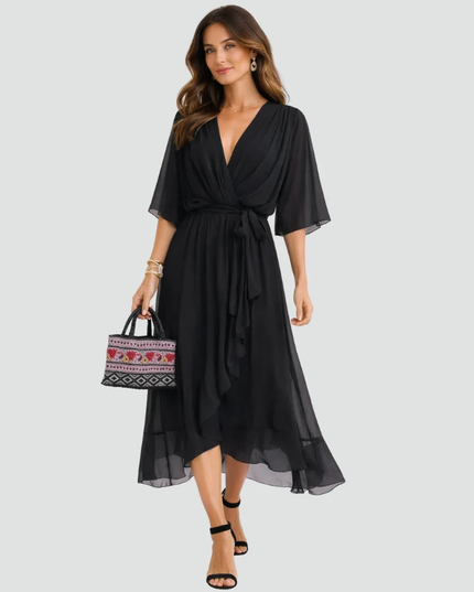 Women's Wrap Midi Dress with Flutter Sleeves