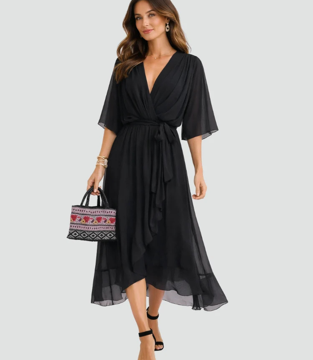 Women's Wrap Midi Dress with Flutter Sleeves