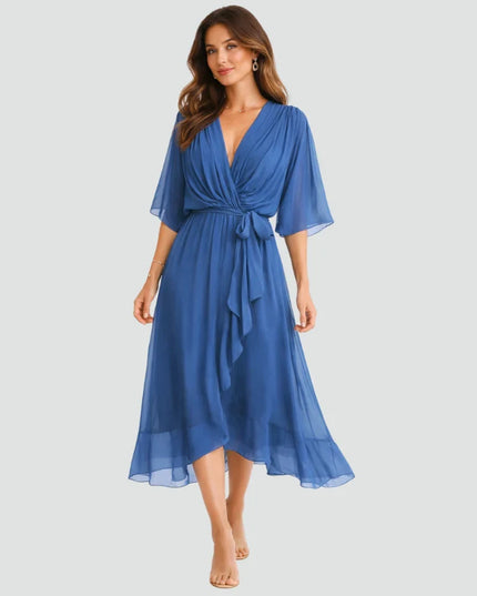 Women's Wrap Midi Dress with Flutter Sleeves