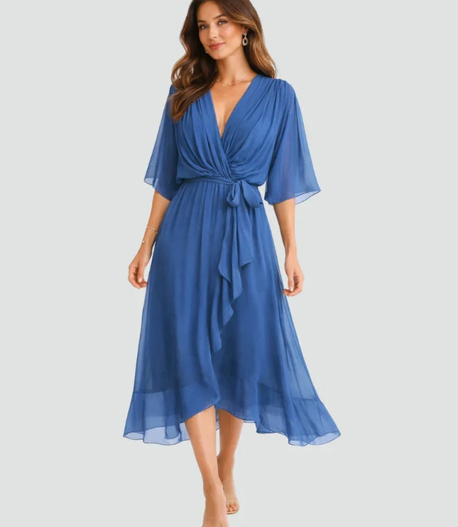 Women's Wrap Midi Dress with Flutter Sleeves