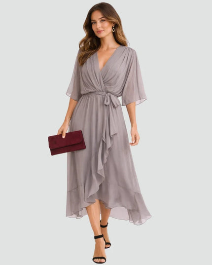 Women's Wrap Midi Dress with Flutter Sleeves