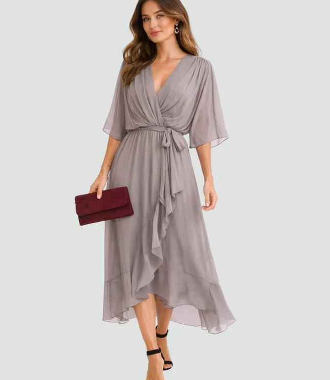 Women's Wrap Midi Dress with Flutter Sleeves