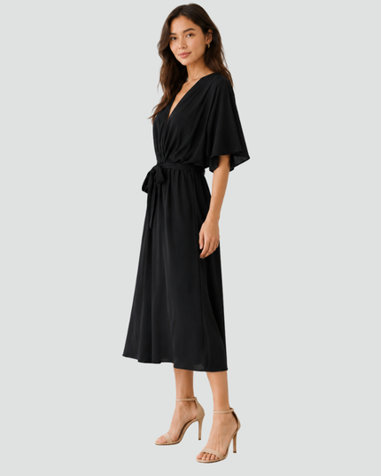 Women's Wrap Midi Dress with Flutter Sleeves