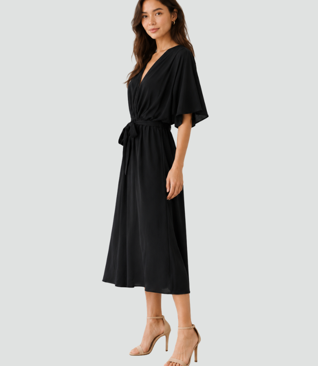 Women's Wrap Midi Dress with Flutter Sleeves