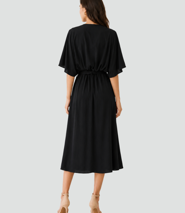 Women's Wrap Midi Dress with Flutter Sleeves