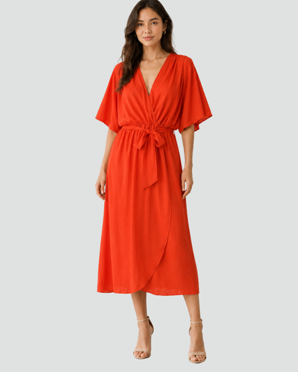 Women's Wrap Midi Dress with Flutter Sleeves