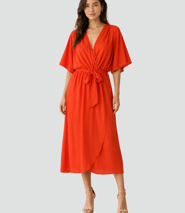 Women's Wrap Midi Dress with Flutter Sleeves