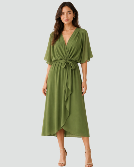 Women's Wrap Midi Dress with Flutter Sleeves