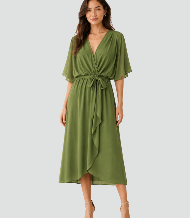 Women's Wrap Midi Dress with Flutter Sleeves