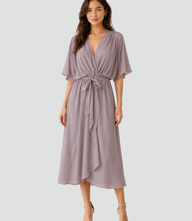 Women's Wrap Midi Dress with Flutter Sleeves