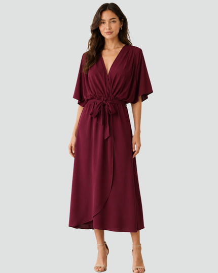 Women's Wrap Midi Dress with Flutter Sleeves