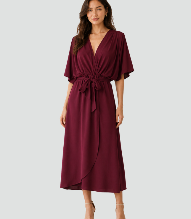 Women's Wrap Midi Dress with Flutter Sleeves