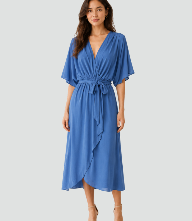 Women's Wrap Midi Dress with Flutter Sleeves