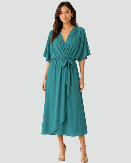 Women's Wrap Midi Dress with Flutter Sleeves