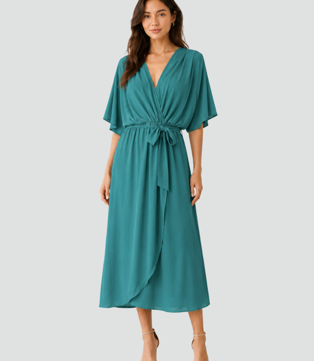 Women's Wrap Midi Dress with Flutter Sleeves