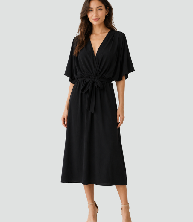 Women's Wrap Midi Dress with Flutter Sleeves