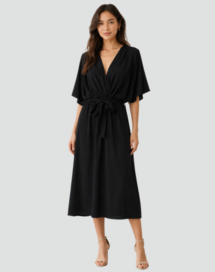 Women's Wrap Midi Dress with Flutter Sleeves
