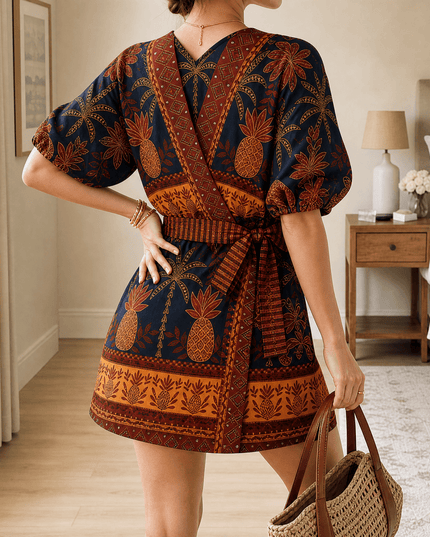 Women's Wrap Romper in Shell Print with Puff Sleeve