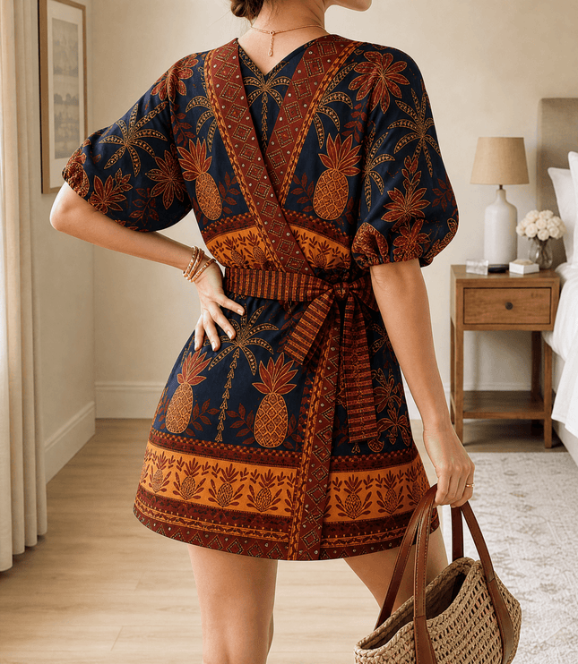 Women's Wrap Romper in Shell Print with Puff Sleeve