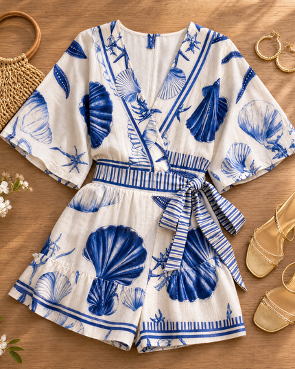 Women's Wrap Romper in Shell Print with Puff Sleeve