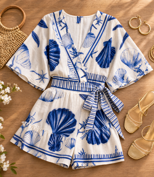 Women's Wrap Romper in Shell Print with Puff Sleeve