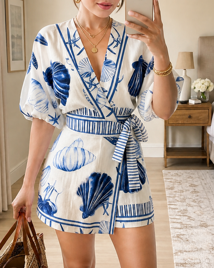 Women's Wrap Romper in Shell Print with Puff Sleeve