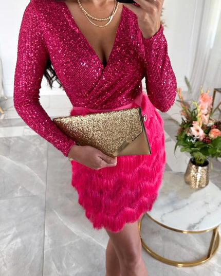 Women's Wrap Sequin Mini Dress with Fringe Skirt