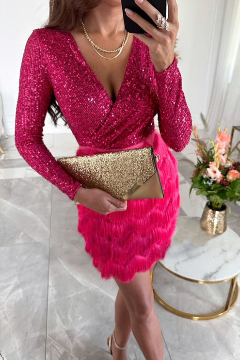 Women's Wrap Sequin Mini Dress with Fringe Skirt