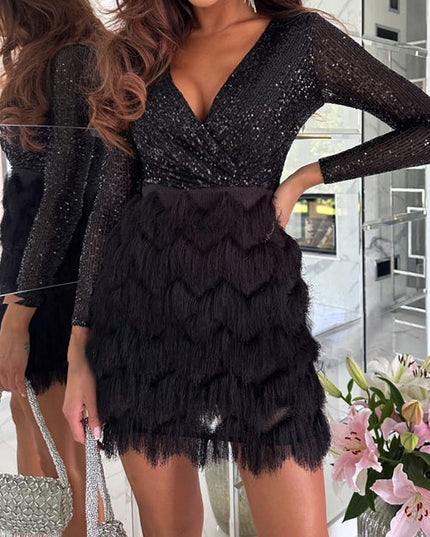 Women's Wrap Sequin Mini Dress with Fringe Skirt
