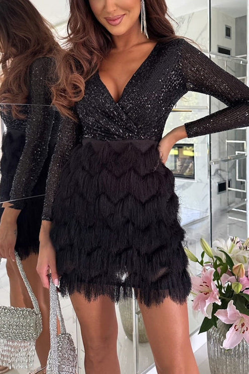 Women's Wrap Sequin Mini Dress with Fringe Skirt