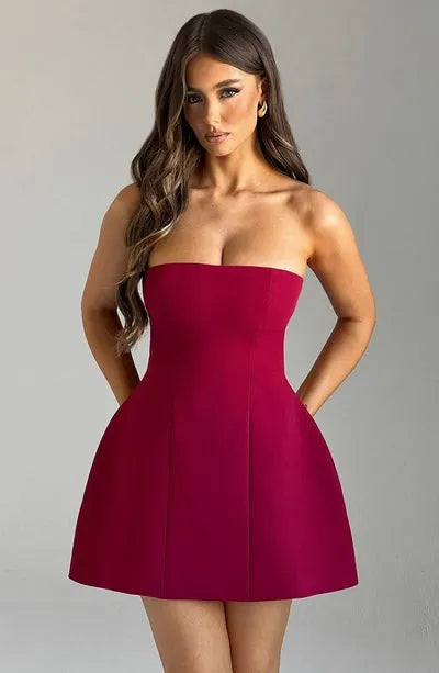 Burgundy strapless bubble mini dress with seamed bodice, front view