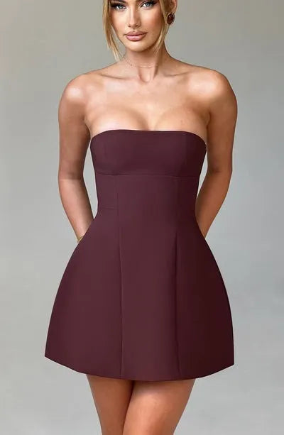 Burgundy strapless bubble mini dress with seamed bodice front