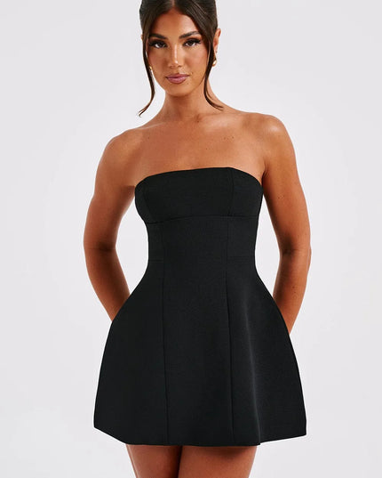 Black strapless bubble mini dress close-up of seamed bodice detail