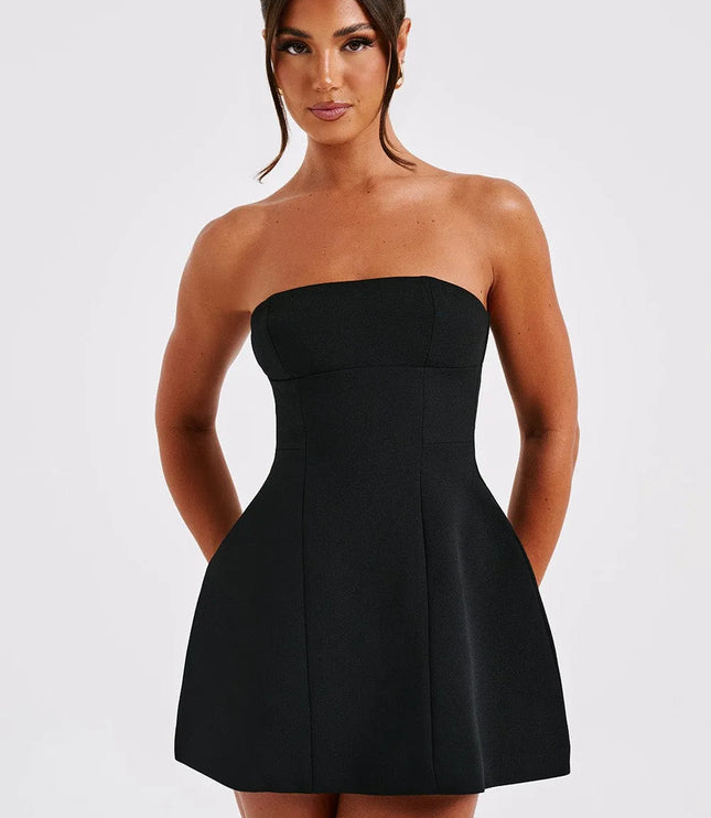 Black strapless bubble mini dress close-up of seamed bodice detail
