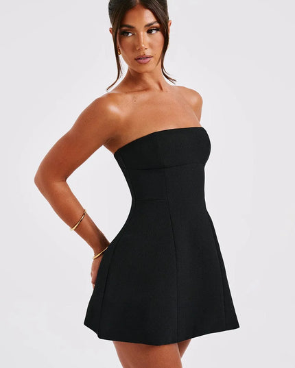 Black strapless bubble mini dress side view showing seamed structure