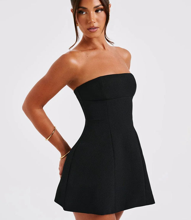 Black strapless bubble mini dress side view showing seamed structure