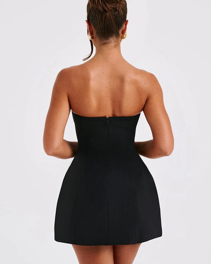 Black strapless bubble mini dress back view with center seam