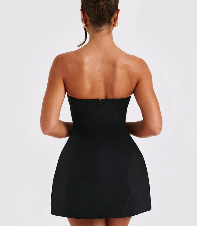 Black strapless bubble mini dress back view with center seam